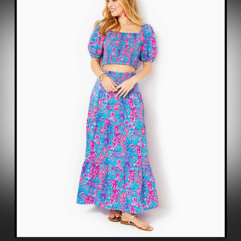 Lilly Pulitzer Aston Maxi Skirt and top set in cumulus blue orchid oasis